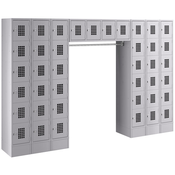 A group of Regency Space Solutions gray lockers with long bars.