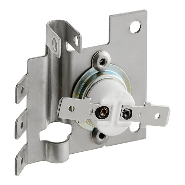 A metal Vollrath high limit switch with screws and a white circle.