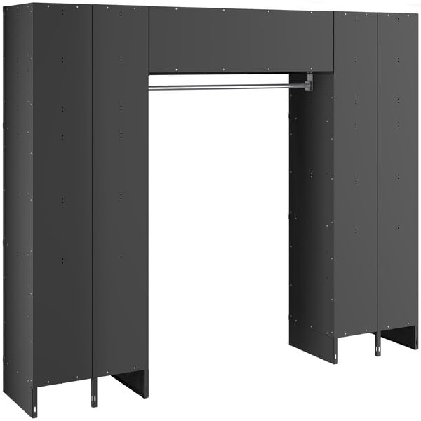 A black metal Regency locker with three rectangular compartments with metal legs.