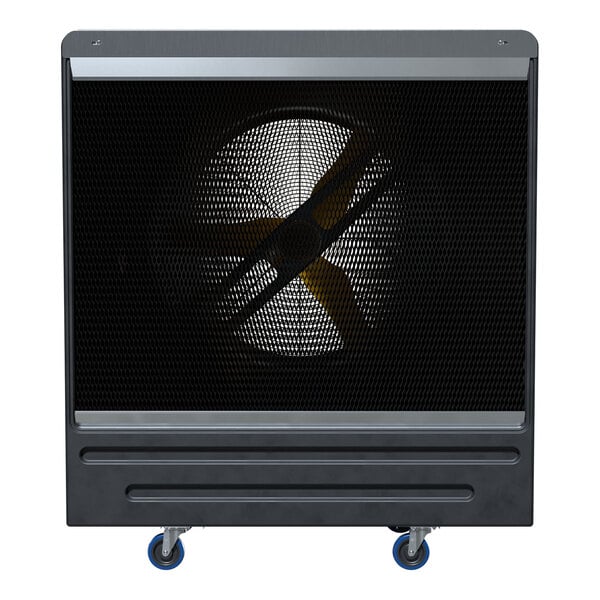 A large portable evaporative swamp cooler with a protective mesh front and caster wheels.