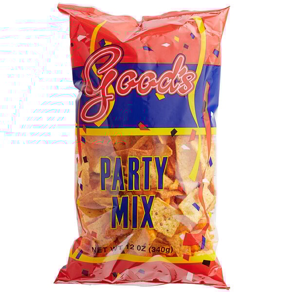 A case of Good's Party Mix bags with red and blue labels.