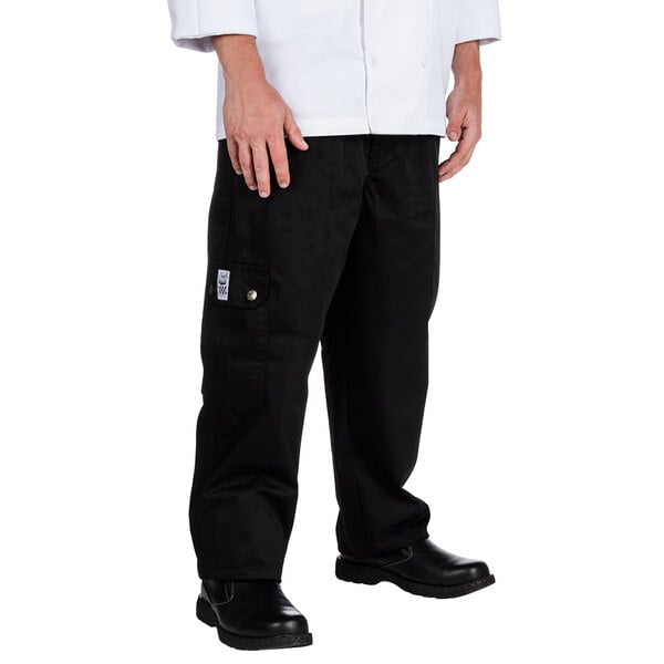 A man wearing Chef Revival black cargo pants with a white coat.