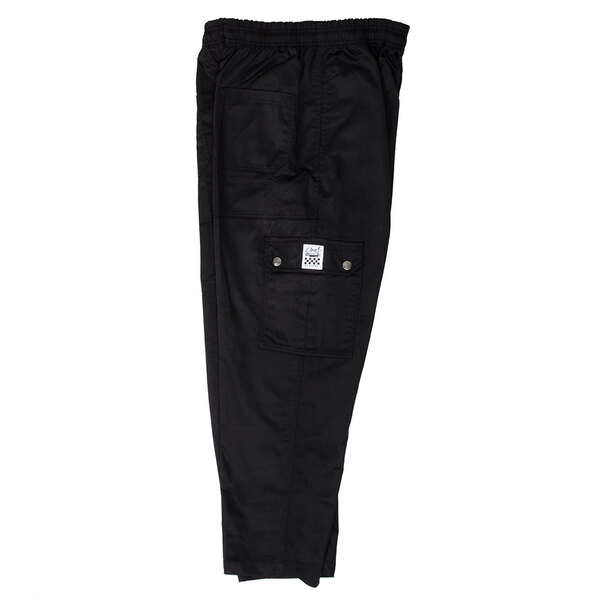 A close-up of the side pocket on a black Chef Revival cargo pants.