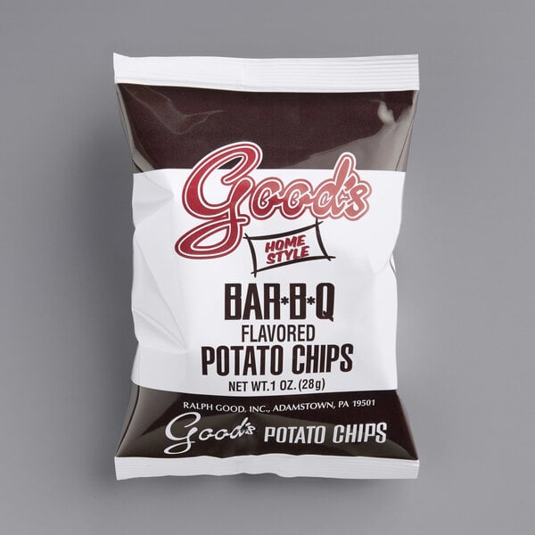 A white bag of Goods BBQ Homestyle Potato Chips with a white label.