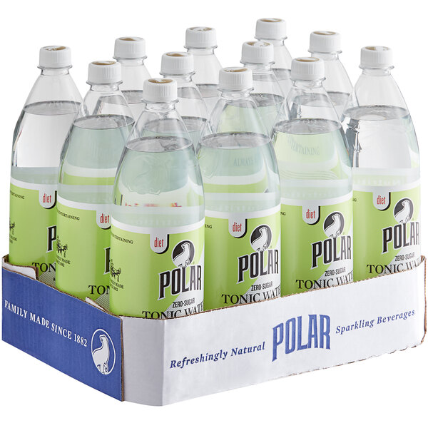 A close-up of a plastic bottle of Polar Diet Lime Tonic Water.