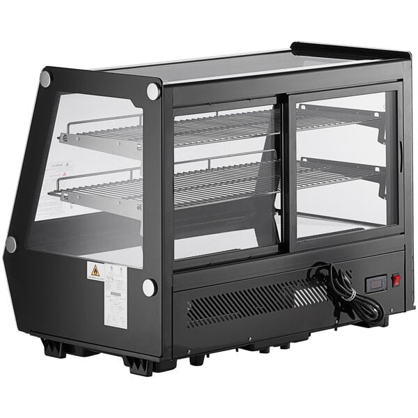 An Avantco black self-serve refrigerated countertop bakery display case with glass doors.