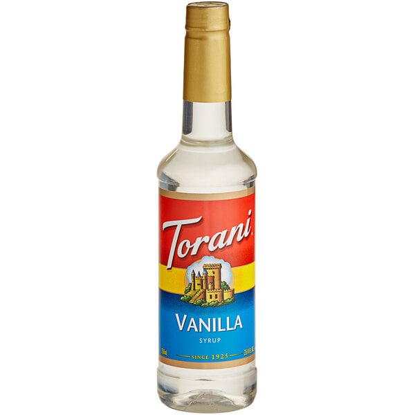A Torani Vanilla Flavoring Syrup 750 mL plastic bottle with a label.