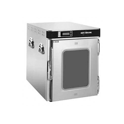 A silver Alto-Shaam box with a window showing a stainless steel stacking kit inside.