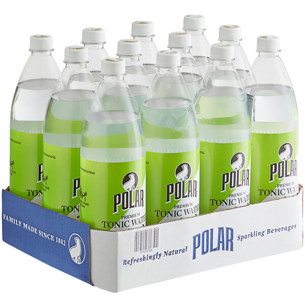 A close-up of a Polar Lime Tonic Water bottle with a green label.