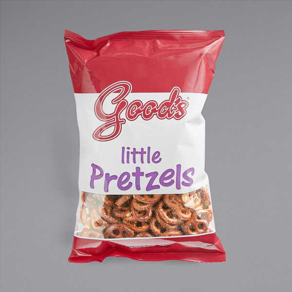 A case of Good's Little Pretzels, with a bag of pretzels.