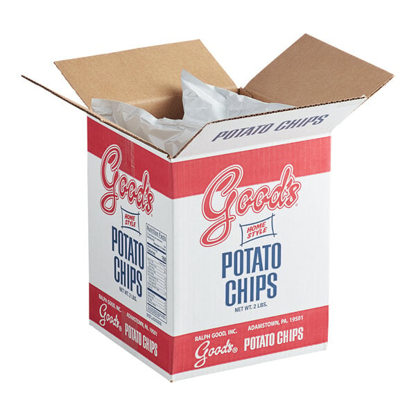 An open cardboard box labeled 'Good's Potato Chips' with packaging material visible inside.