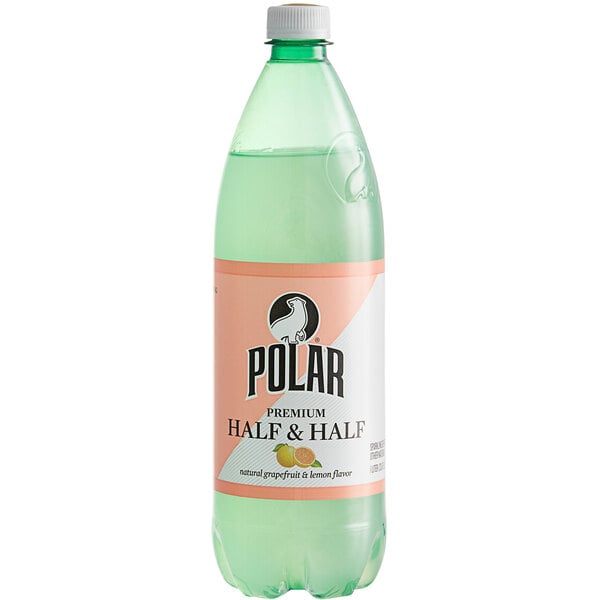 A close up of a Polar Grapefruit & Lemon Sparkling Citrus Mixer bottle with a label.