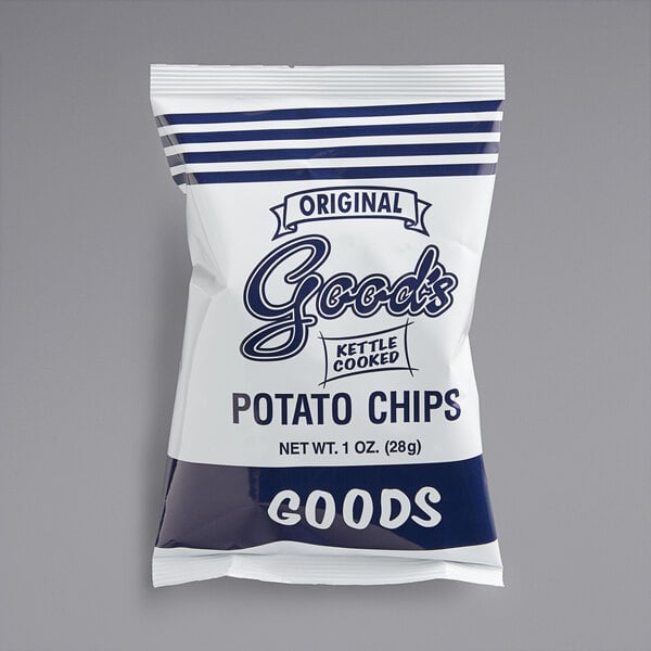 A white bag of Good's Blue Original Kettle Cooked Potato Chips.