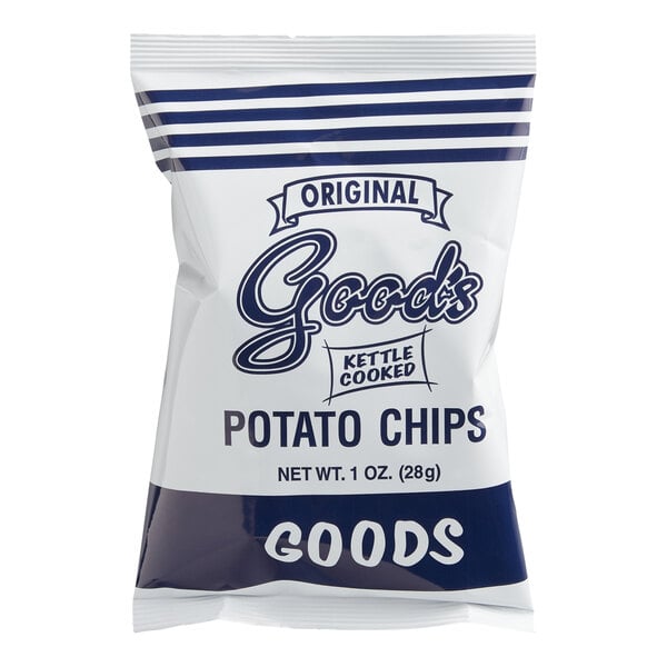 A bag of kettle cooked potato chips with a blue and white design labeled 'Original Goods Kettle Cooked Potato Chips' and 'Net Wt. 1 oz. (28g)'.