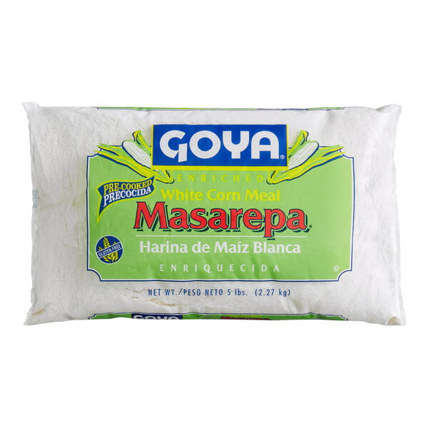 A 5-pound bag of Goya enriched pre-cooked white corn meal (Masarepa) with green and white packaging.