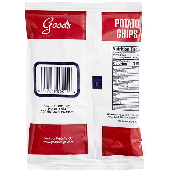 A red and white bag of Good's Homestyle Potato Chips with a bar code.