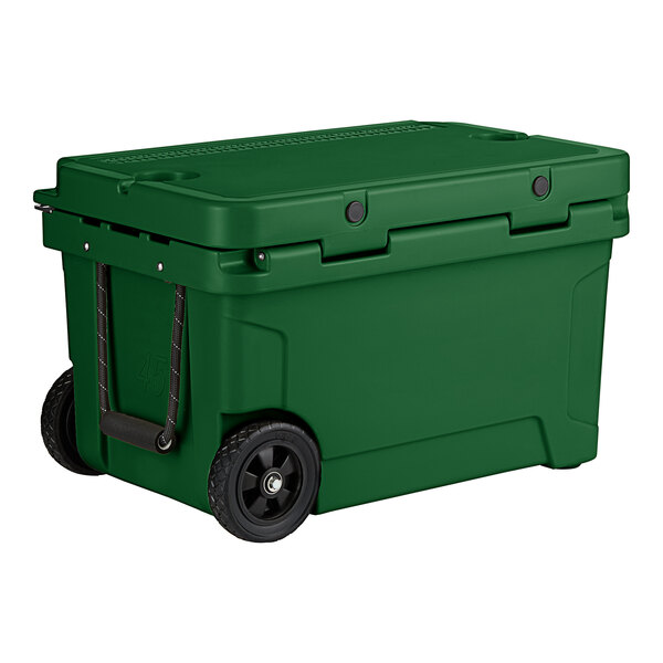A green cooler with wheels on the bottom.