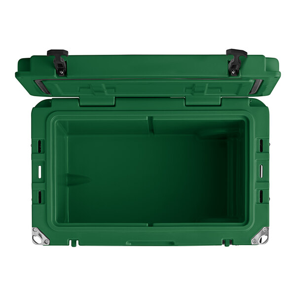 A hunter green CaterGator outdoor cooler with black handles and the lid open.