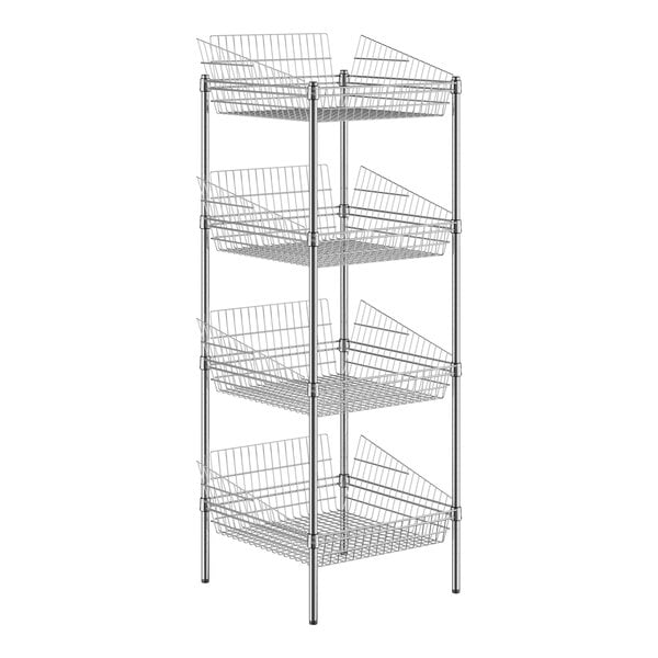 A Regency metal shelf with four baskets on it.