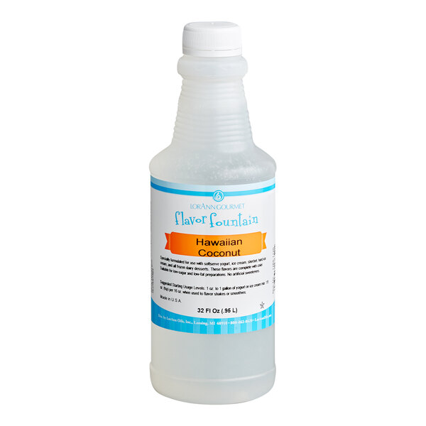 A 32 fl. oz. bottle of LorAnn Hawaiian Coconut Flavor Fountain Syrup.
