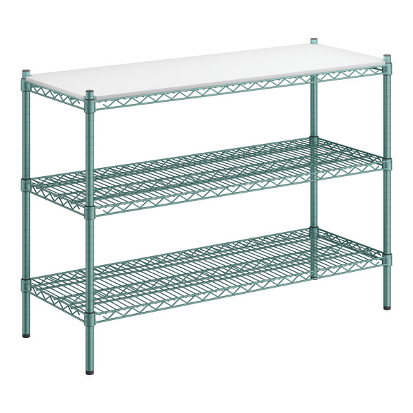 A Regency white shelf with green metal rods and blue metal frame with three green wire shelves.