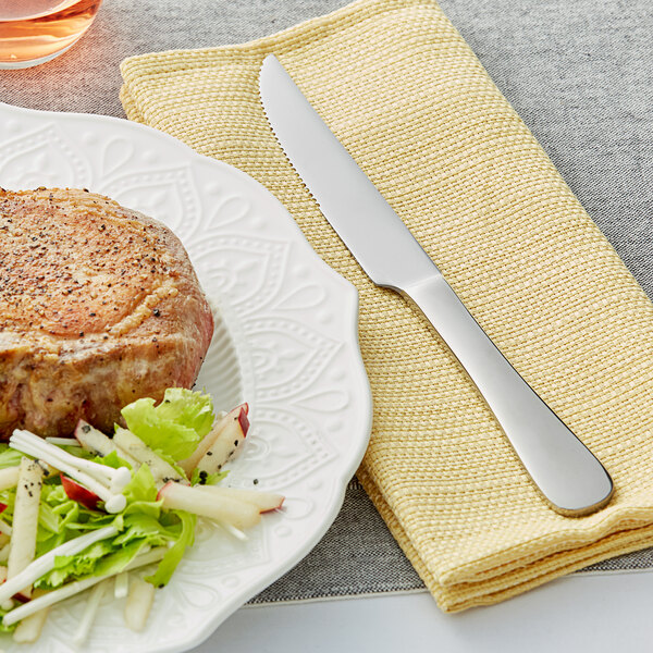 An Acopa Vittoria steak knife and plate of food on a table.