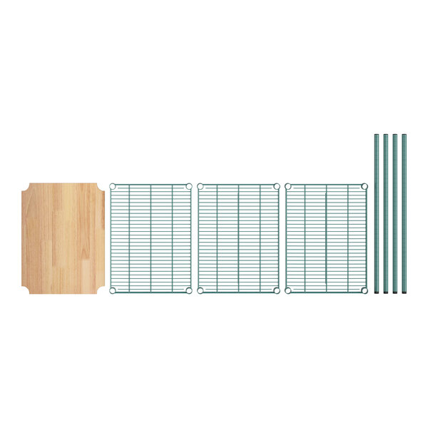 A green Regency wire shelving unit with wooden shelves.