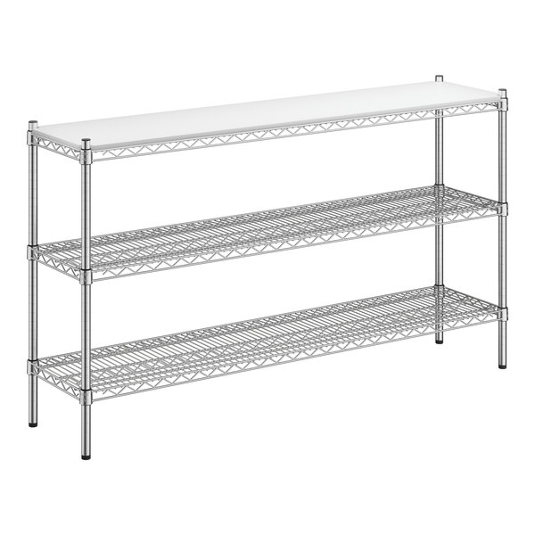 A Regency chrome metal shelving unit with white plastic shelves.