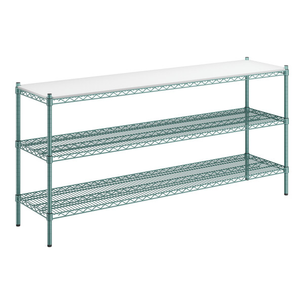 A Regency green wire shelving unit with three green epoxy shelves.