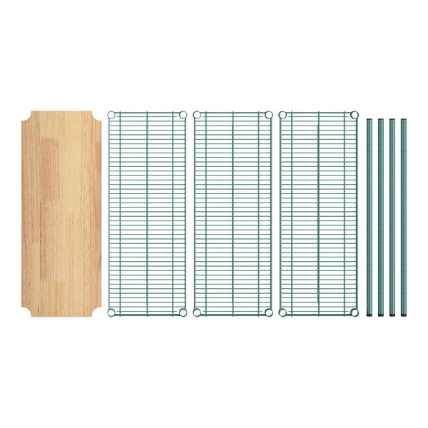 A Regency metal shelving rack with wooden shelves.