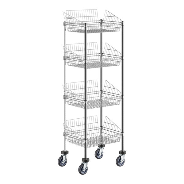 A Regency chrome metal cart with wire mesh shelves and wheels.