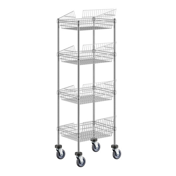 A Regency metal shelf with baskets on wheels.