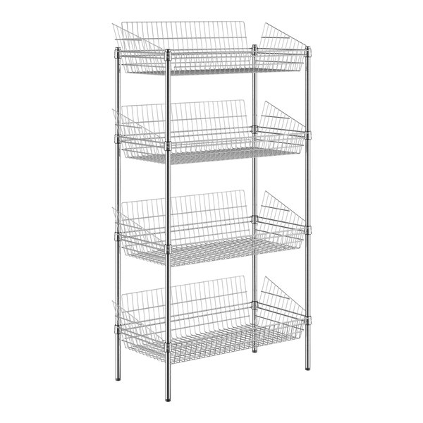 A Regency chrome wire rack with 4 baskets on it.