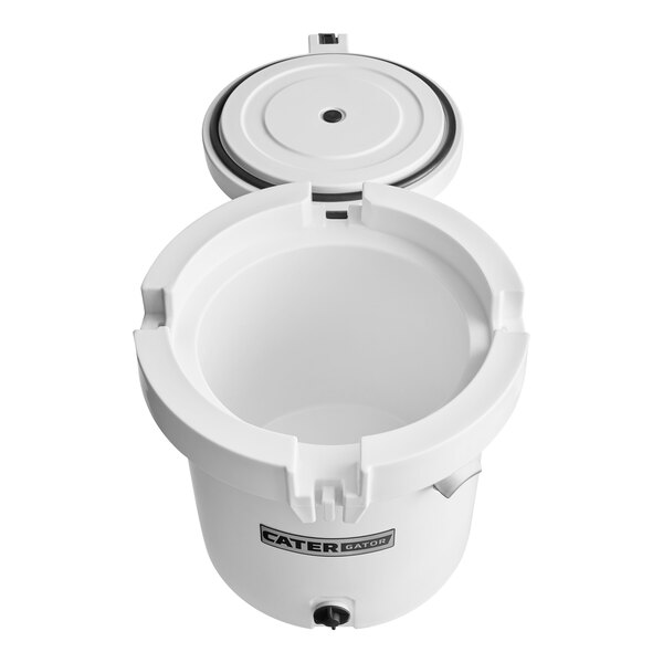 A white CaterGator outdoor cooler with a lid on top.