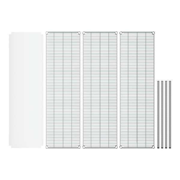 A white wire rack with metal shelves and metal rods.