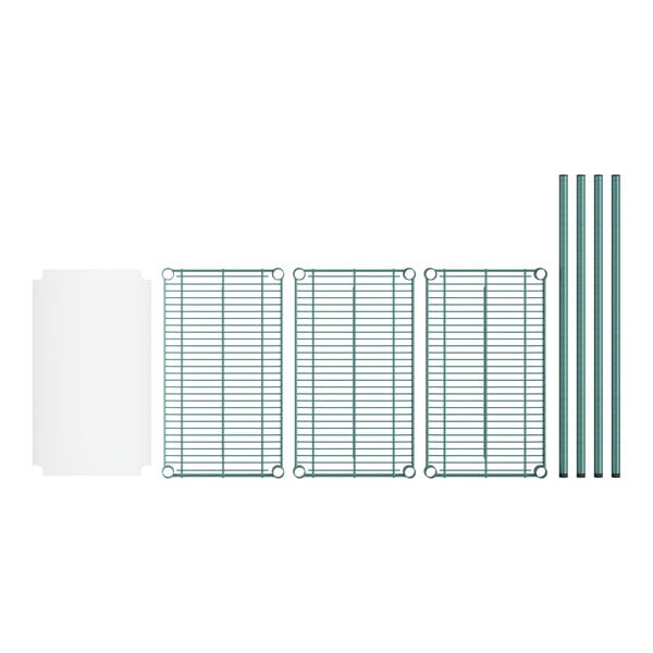 A Regency green wire shelf kit with white plastic shelves.