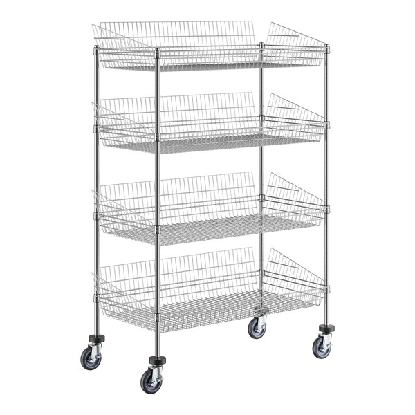 A Regency metal shelving cart with three shelves and casters.
