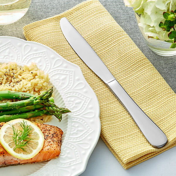 A plate of salmon, asparagus, and rice with an Acopa Vittoria stainless steel table knife.