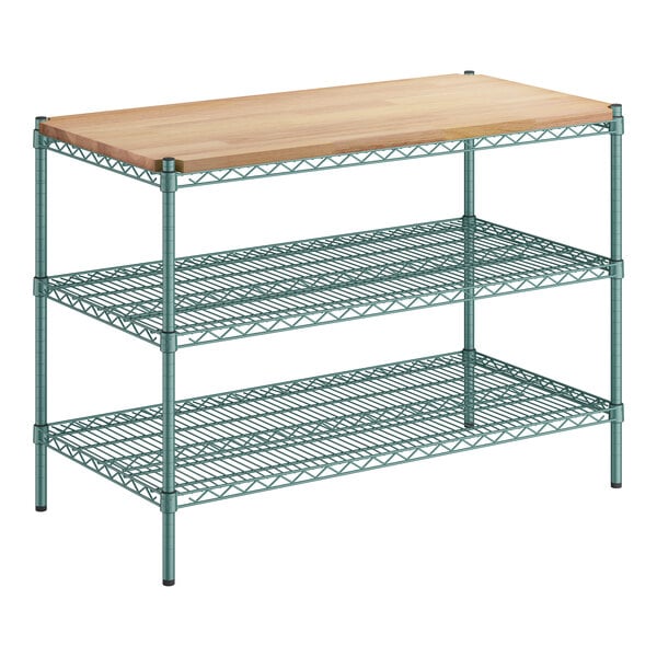 A Regency green epoxy metal 3-shelf kit with a wooden shelf on top.