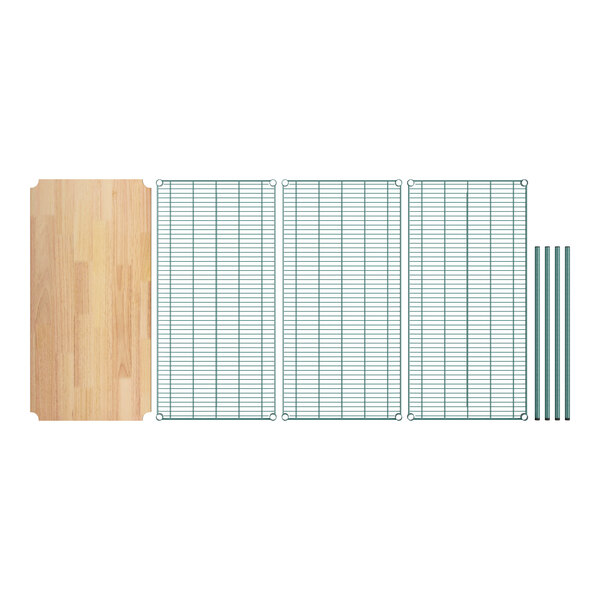 A Regency green epoxy 3-shelf kit with a wooden shelf on metal grids.