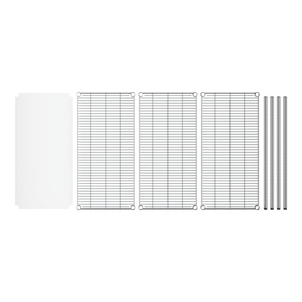 A wire rack with wire mesh shelves and metal rods.