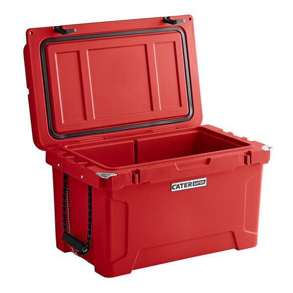 A red CaterGator outdoor cooler with a lid open.