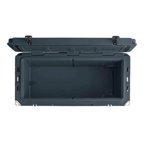A grey CaterGator outdoor cooler with the lid open.