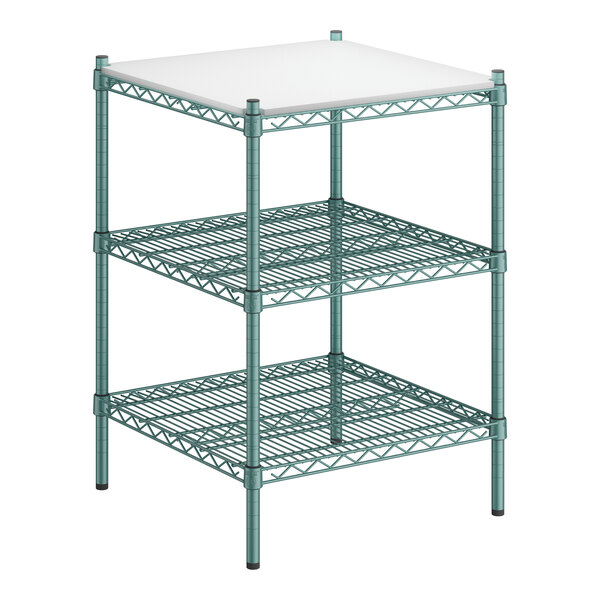 A green metal Regency wire shelving unit with white plastic shelves.