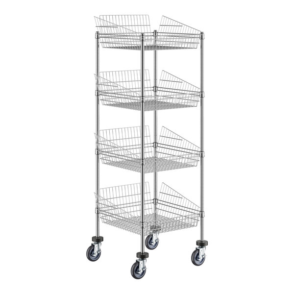 A Regency metal basket rack with shelves and wheels.