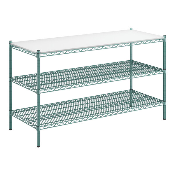 A green wire Regency shelving unit with three metal shelves.