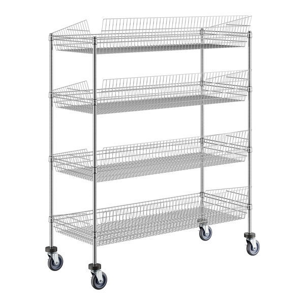 A Regency metal shelving cart with three shelves.