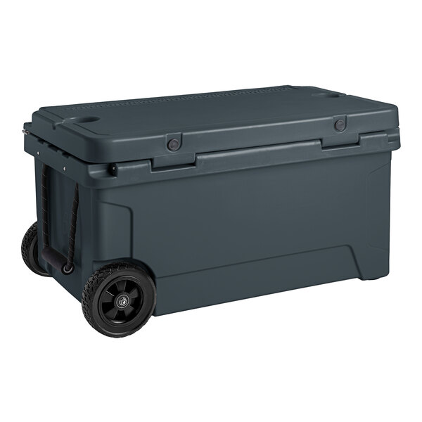 A grey CaterGator outdoor cooler with wheels.