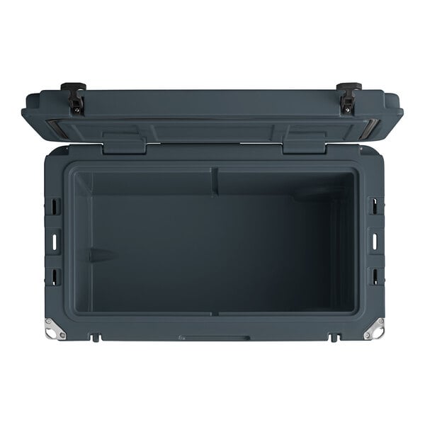 A grey plastic CaterGator outdoor cooler with the lid open.