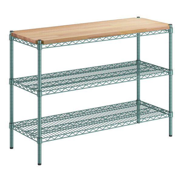 A Regency green wire metal shelf kit with removable wooden shelves.